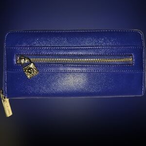 Royal Blue Anne Klein Bifold Zippered Wallet with Gold Hardware and Lock pull.